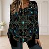 Women Plus Size Square Neck Long Sleeve Black Printed Button Detail Faux Two Piece T Shirt