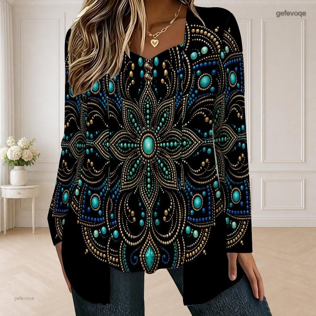 Women Plus Size Square Neck Long Sleeve Black Printed Button Detail Faux Two Piece T Shirt