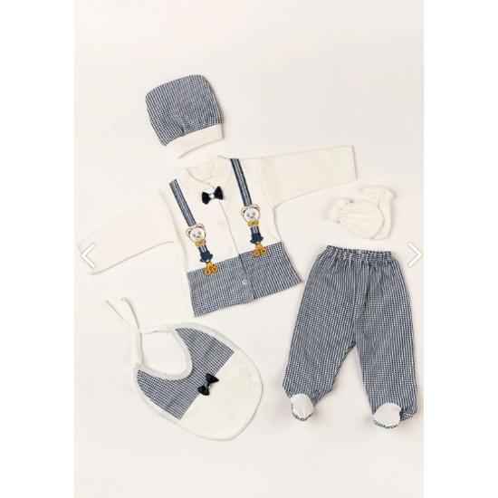 (BOXED) Newborn Clothes Navy Blue Baby Clothes with Bow Tie 5 Piece Hospital Bodysuit Set
