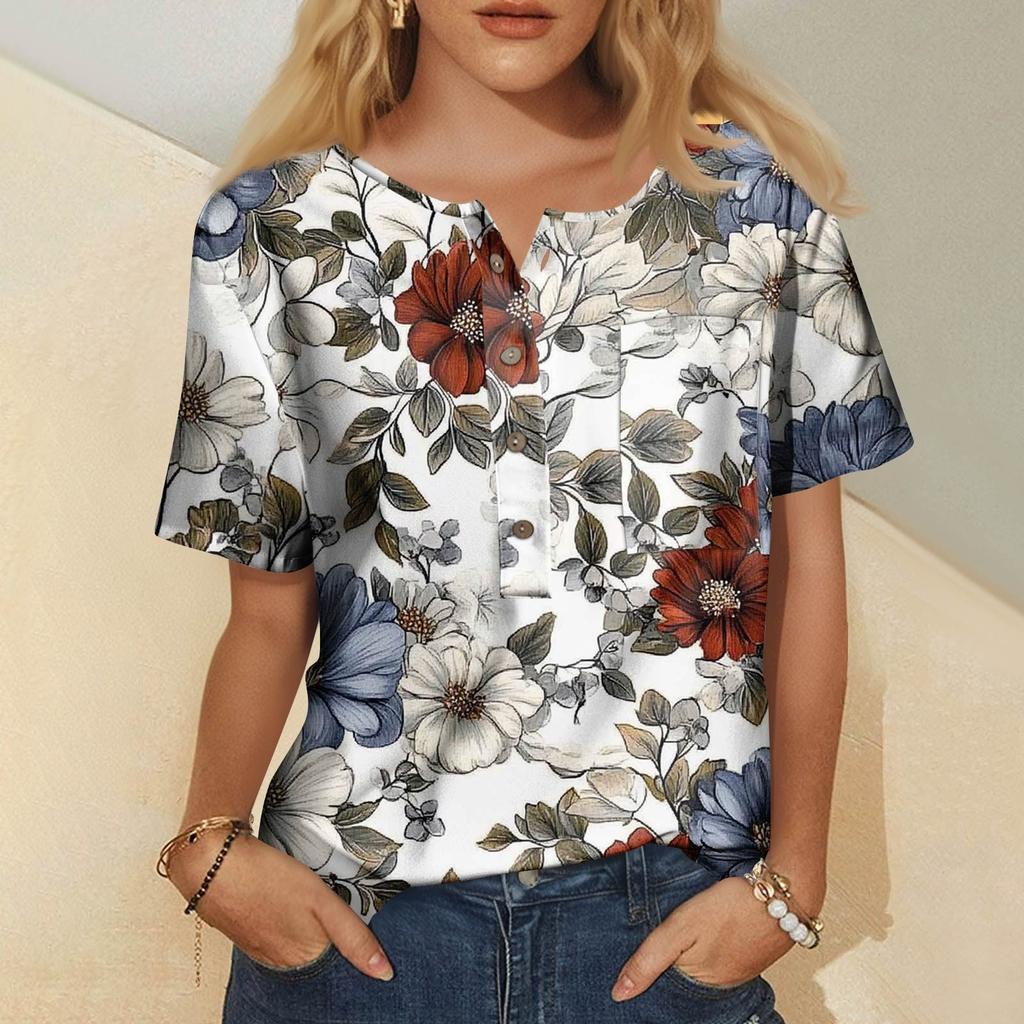 Women's Fashion Casual Short Sleeve Print Round Neck Pullover Top Blouse