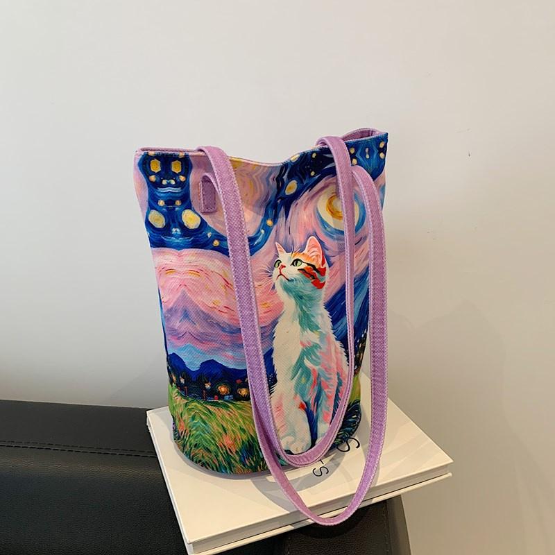 Женская сумочка, симпатичная сумка-ведро с мультяшным принтом, переносная сумка-цилиндр, холщовая сумка-тоут, сумки для ланча для студентов и девочек