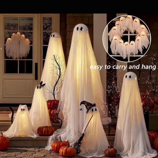Хэллоуинский венок с призраком и 12 светодиодными лампочками, маленький светящийся белый призрак, подвесной венок для входного крыльца, двери, стены, для внутреннего и наружного украшения