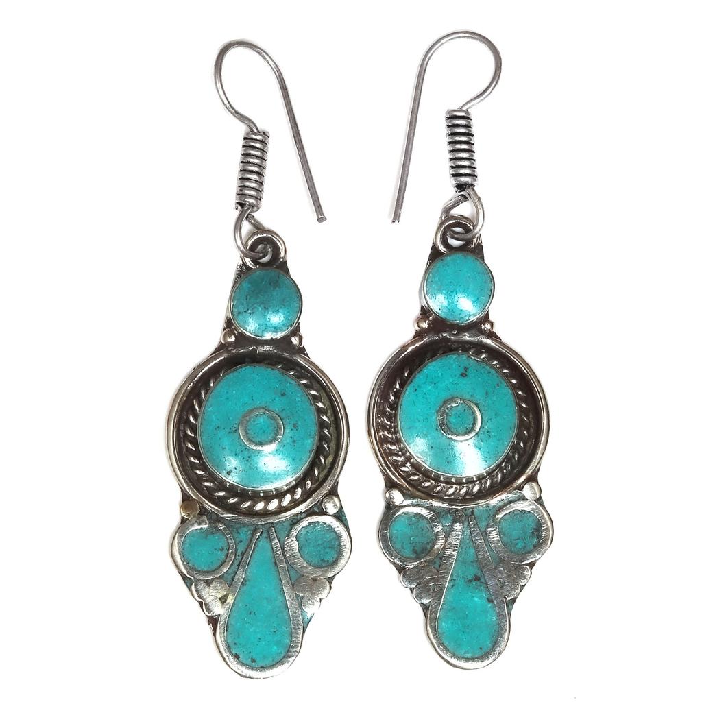 Tibetan Turquoise Coral Red Earrings Nepali Tribal 12gms 1.5" 1.6" Chunky Gift