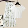 Women's Summer Fresh Ageing Set Waisted Floral Top + Half-body Skirt Two-piece Set