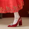 2025 Shoes Thick Heel High Heel Wedding Shoes Velvet Single Shoes Red Shoes Women's Shoes