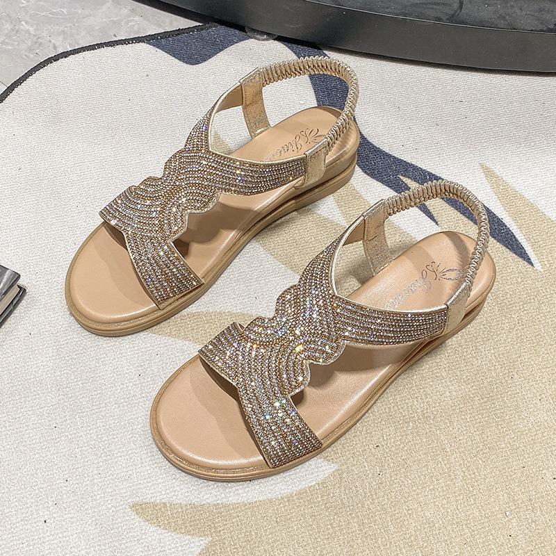 Сандалии на покатом каблуке, женская сезонная мода, стразы, рыбий рот, римский стиль, женская обувь