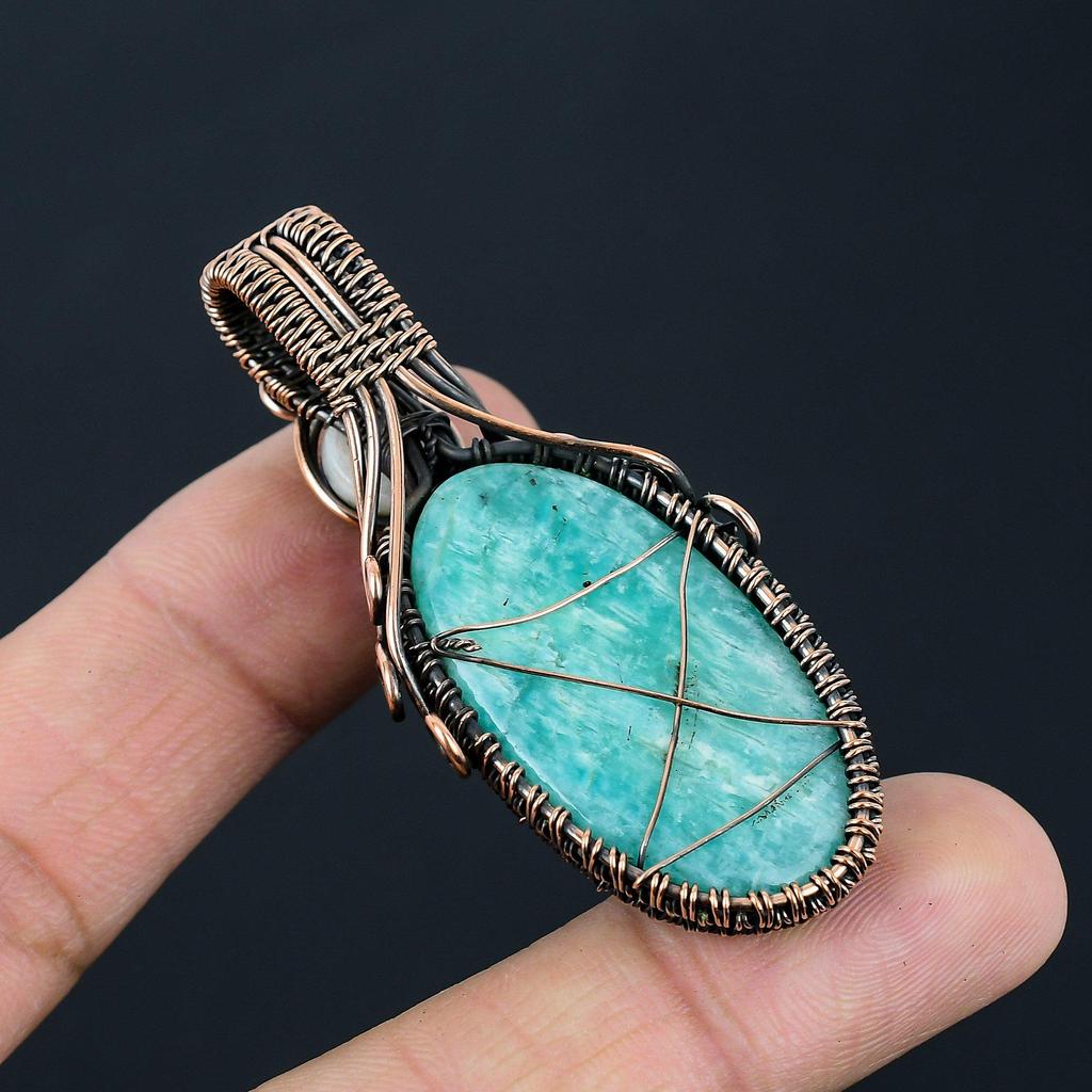 Gorgeous Amazonite & Moonstone Gemstone Handmade Pure Copper Wire Wrap Jewelry Pendant