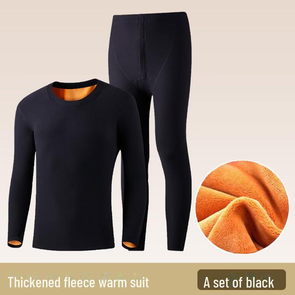 Men's Gold Velvet Two-Piece Warm Suit: Autumn/Winter Plush Crew Neck T-Shirt and Solid Color Pants In Trendy Oversized Fit.