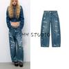 Spring New Women's Clothing Minimalist Wind Loose Perforated Hole Decoration Mid Waist Balloon Version Denim 4730041