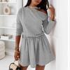 Женская мода с длинным рукавом сплошной цвет собрать талию повседневное мини-платье