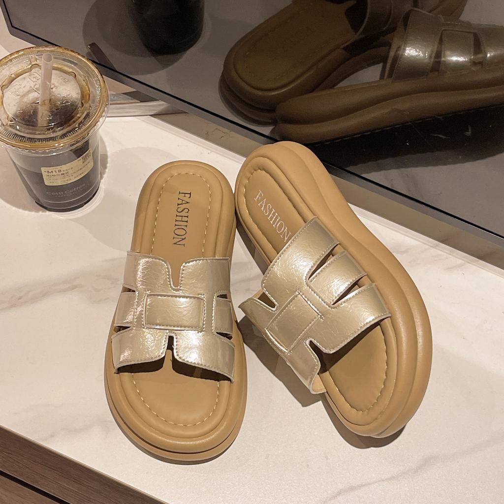 Breathable Woven Thick-soled Slippers Women's 2025 New Outer Wear Heightening Sandals Summer Ins Beach One-word Sandals