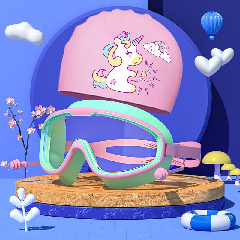 Комплект из очков и шапочек для плавания, детские очки с большой оправой, водонепроницаемые, противотуманные, для мальчиков и девочек, плавательные очки с рисунком, шапочка для купания