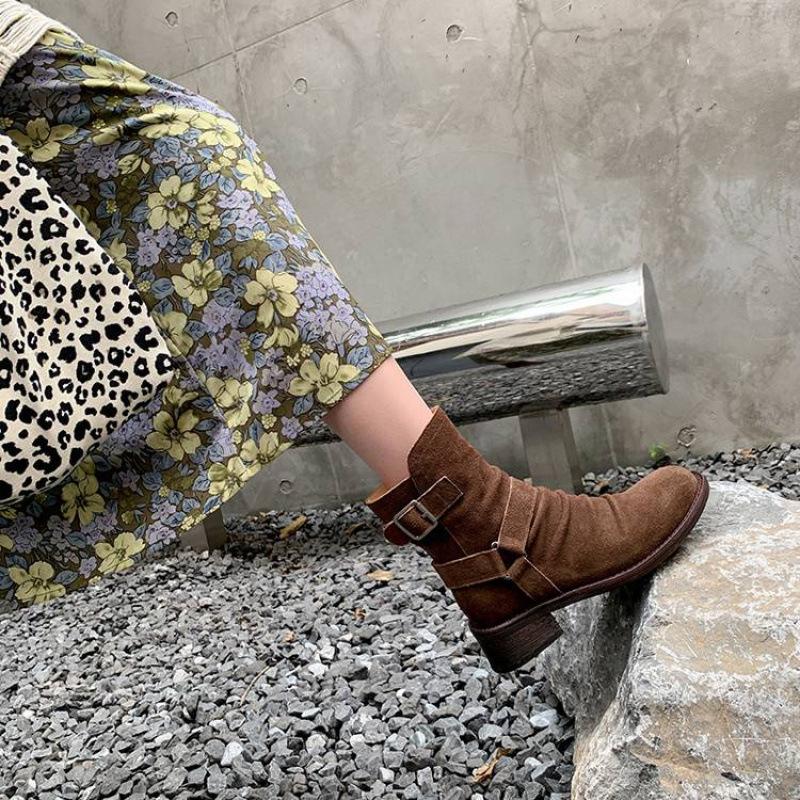 Новые женские кожаные ботинки с боковой молнией, из коровьего велюра, большого размера, женские ботинки на среднем каблуке, большого размера, женские ботинки, осенне-зимние кожаные ботинки Мартин