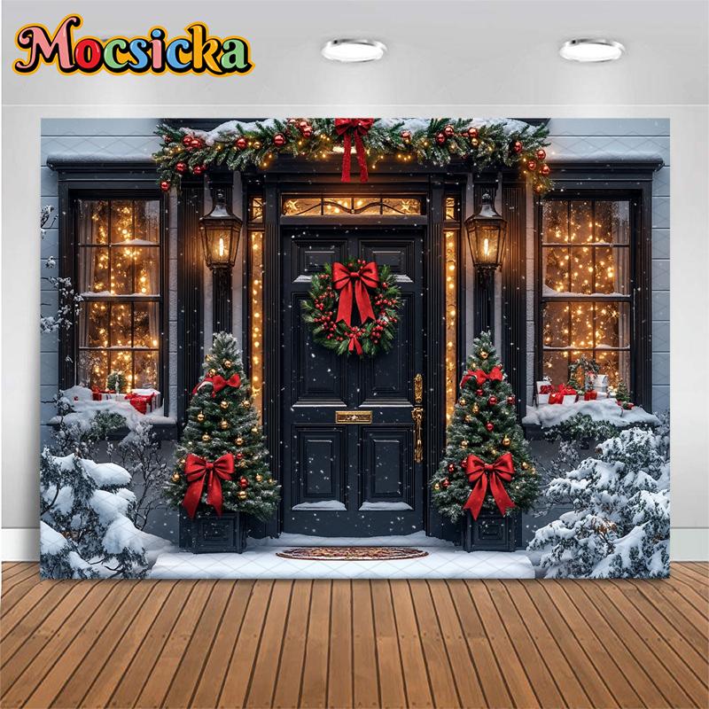 Mocsicka Новогодние фоны для вечеринки Рождественская елка Зимние снежинки Черные дверные украшения Семейный фестиваль Фотофоны