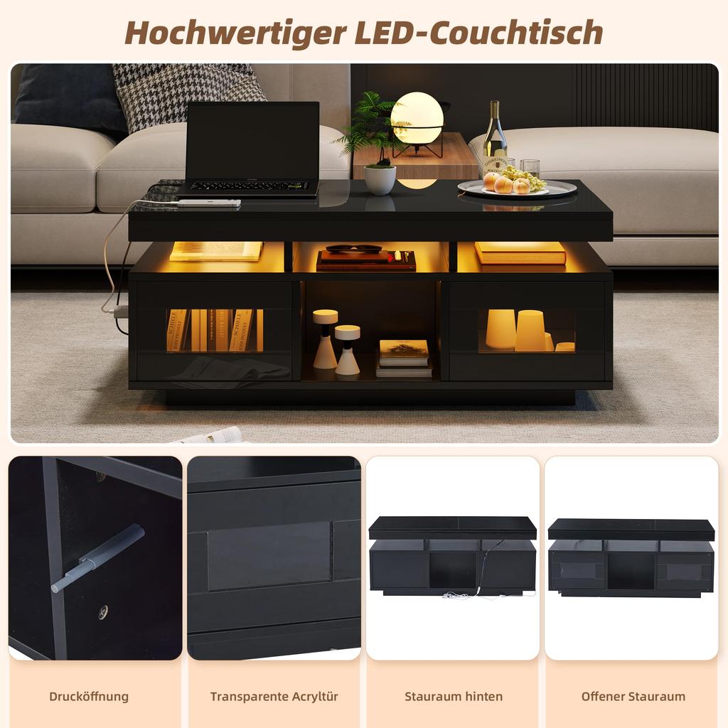 Couchtisch Schwarz, Hochglanz LED Beleuchtung, Kaffeetisch Schrank & Offene Staufächer, Sofatisch Rechteckiger Mitteltisch, 100×50×43cm