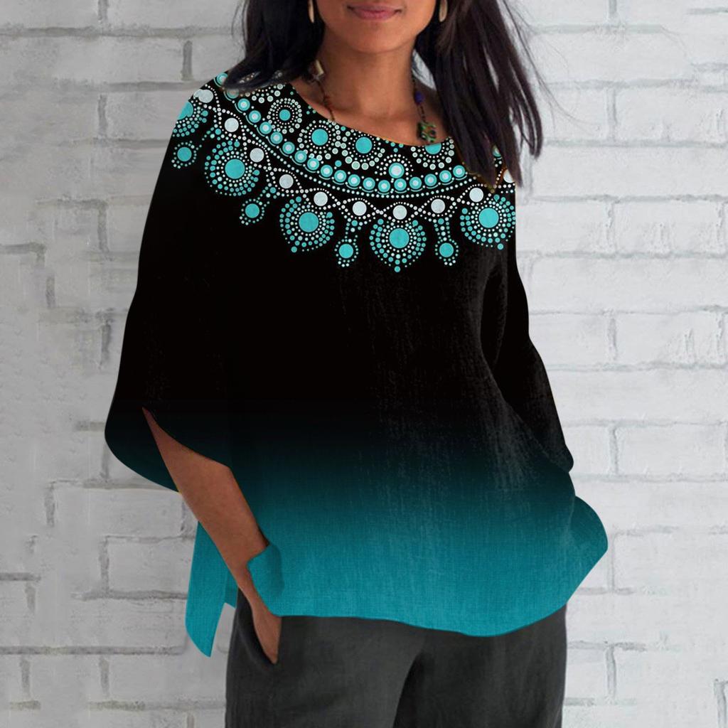 Women Summer Cotton Linen Tshirt Tops Printing Loose Fit Blouse 3/4 Sleeve Vintage Crewneck Plus Size Clothes