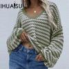 Autumn and Winter Pullover Striped Women's Knitwear V-Neck Large Size Sweater