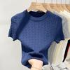 Women's Soft Knit Royal Blue Crew Neck Short Sleeve Sweater - Stylish & Slim Fit, 2025 Spring/Summer Korean Fashion