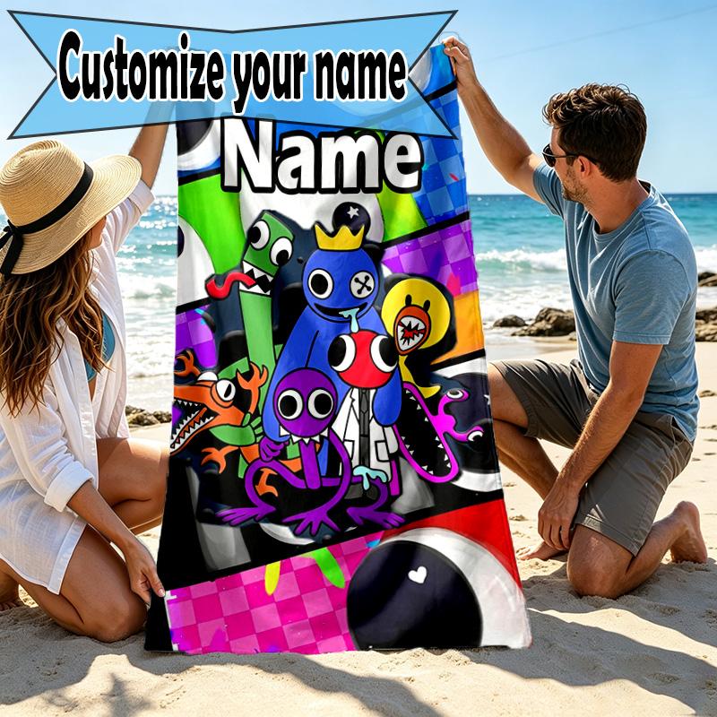 Custom Name Personalized Game Rainbow Friends Print Beach Towel, for Trip Camping Beach Party Home Decor, Birthday Gift for Family & Friends