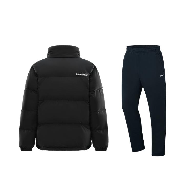 Li-Ning Утолщенный флисовый воротник-стойка с буквенным принтом, свободные брюки с длинным рукавом и эластичной резинкой на талии, повседневный спортивный костюм, костюм унисекс, черный AYMU609-7+AKLT243-1