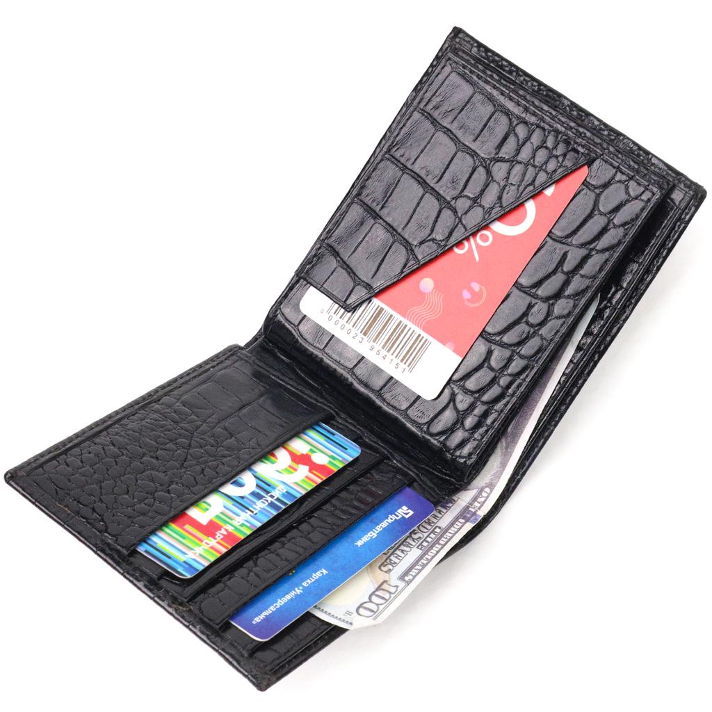 Оригинальный мужской кошелек в два сложения из натуральной фактурной кожи с тиснением под крокодила CANPELLINI Purse 21582 Черный