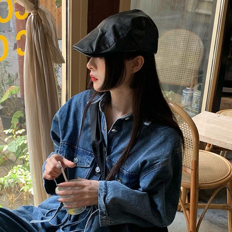 Черный берет из искусственной кожи, женский, летний, корейский, персонализированный, ретро, британский, обратный, носимый, вперед, кепка, осенне-зимняя, кепка художника