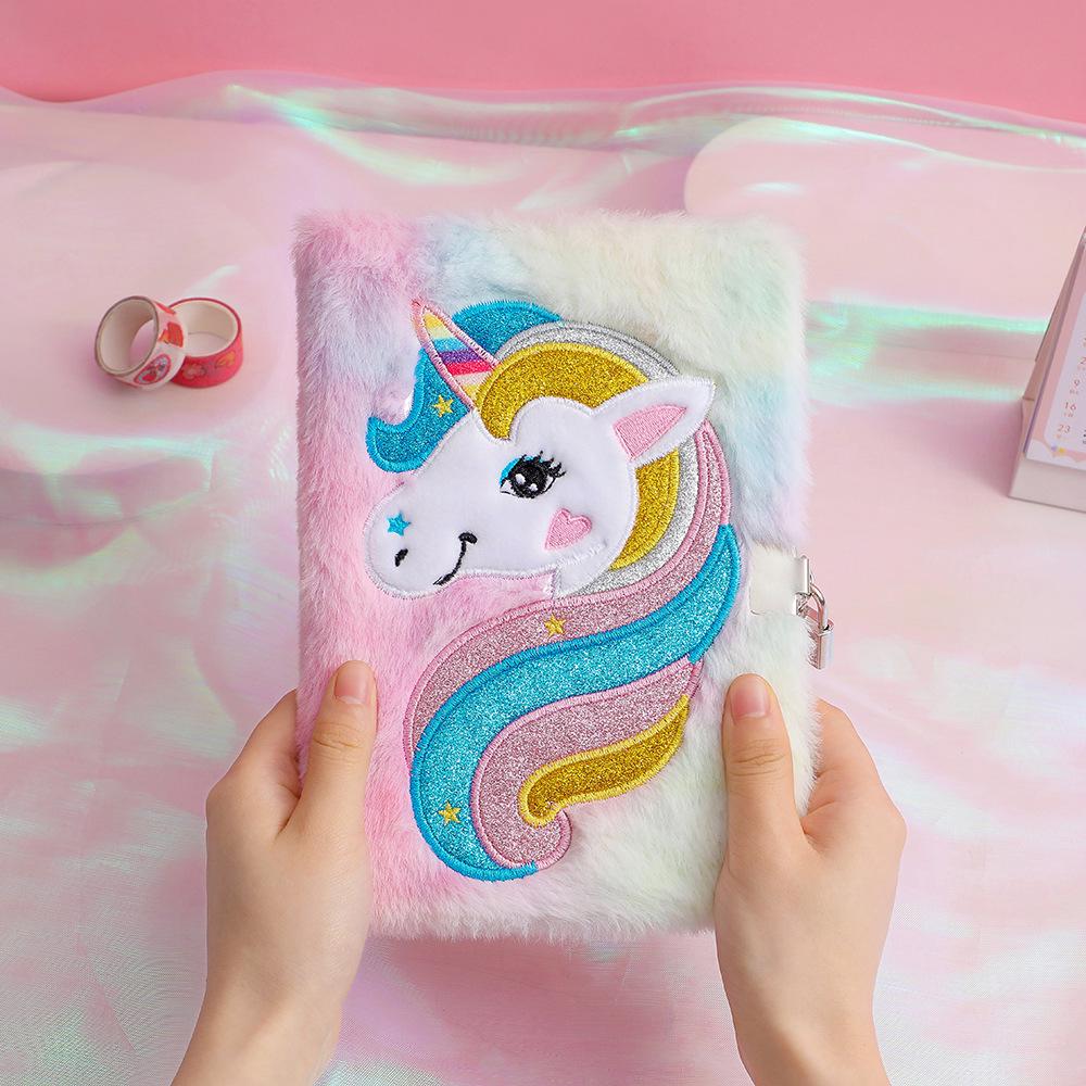 Плюшевый блокнот с замком, мультяшный единорог - Милый дневник для студентов, подарок для девочек