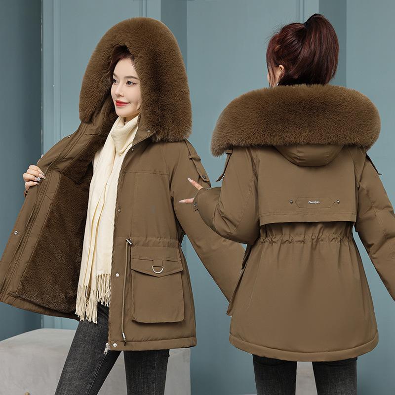 Autumn and Winter Women's Clothing with Thick Velvet, Overcoming The Big Fur Collar,Slimming and Slimming Cotton Jacket,Fashionable Casual Down Jacket
