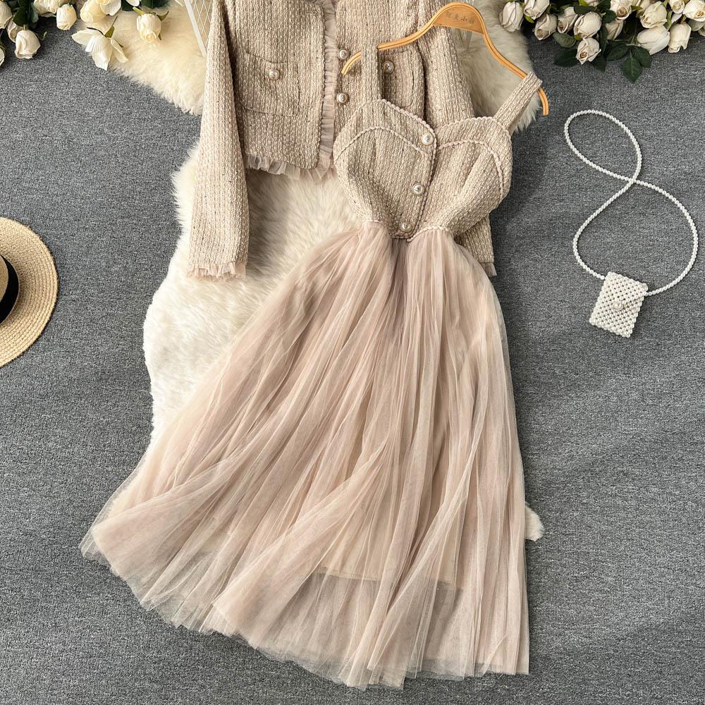 Новое весенне-осеннее шерстяное лоскутное платье-миди из тюля на тонких бретельках + короткий твидовый жакет-пальто для женщин, комплект из 2 предметов, наряды