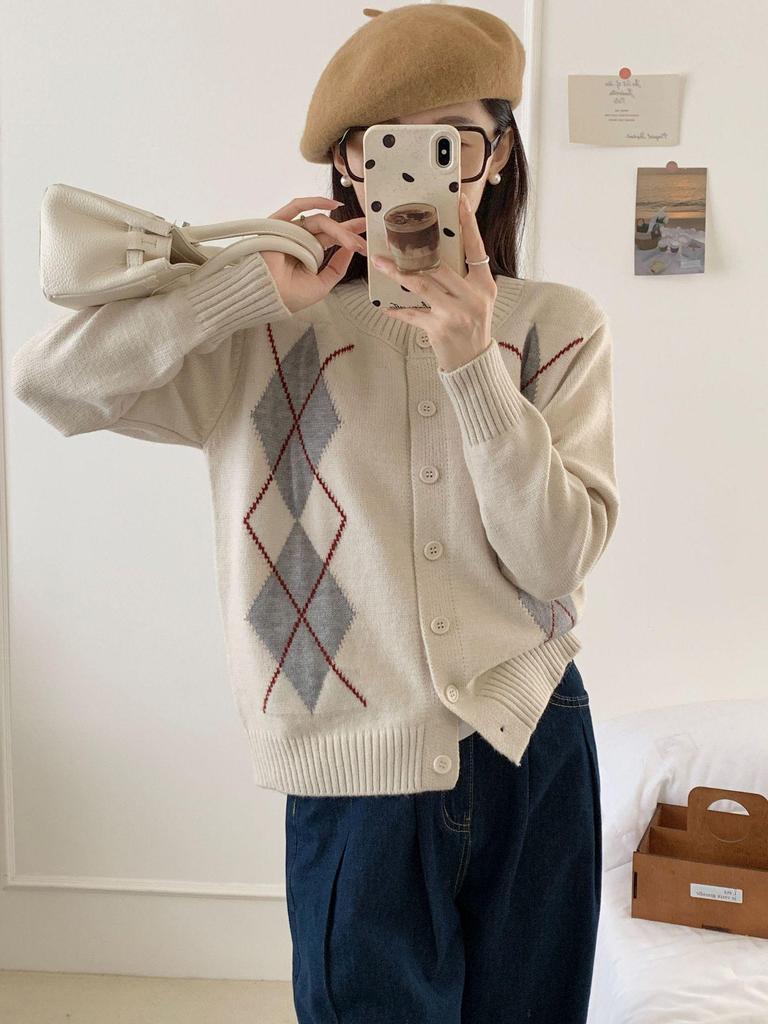 Женский кардиган из мериносовой шерсти с узором аргайл - Сексуальный свитер с круглым вырезом для осени/зимы