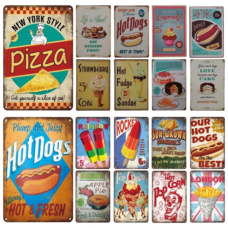 Tin Sign FastFood Pizza Hot Dog Hamburgers Ice Cream Fries Pop Corn Metal Vintage Plaque Metal Retro Plate Kitchen Wall Decor