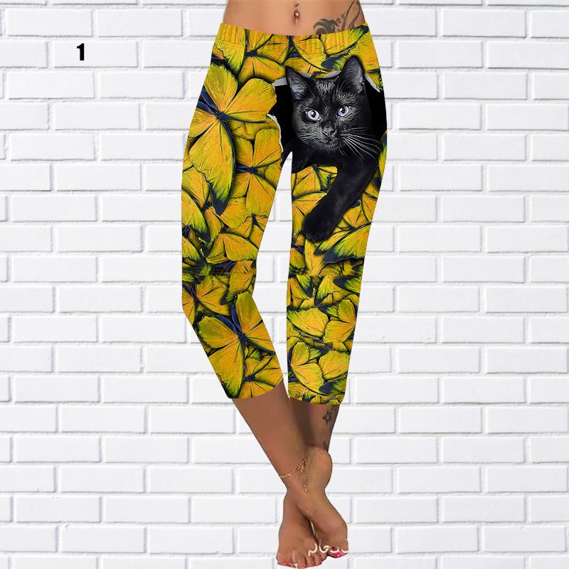 Брюки Летние желтые короткие леггинсы с бабочкой Укороченные узкие брюки Леггинсы больших размеров Женские брюки с маленькой черной кошкой Укороченные брюки для женщин 2022
