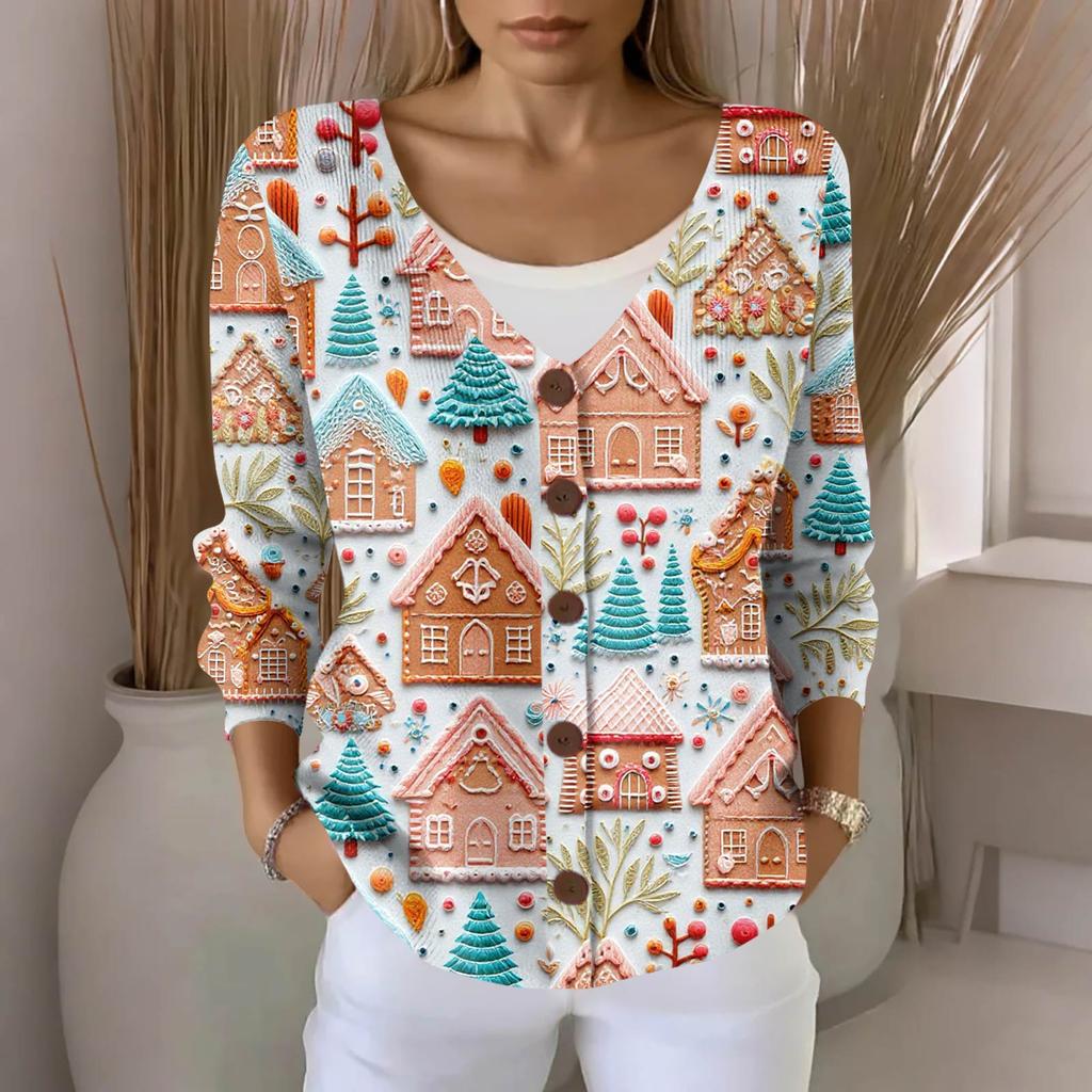 Women's Fashion Casual Knit Sweater Button-Up Christmas Print Cardigan Jacket