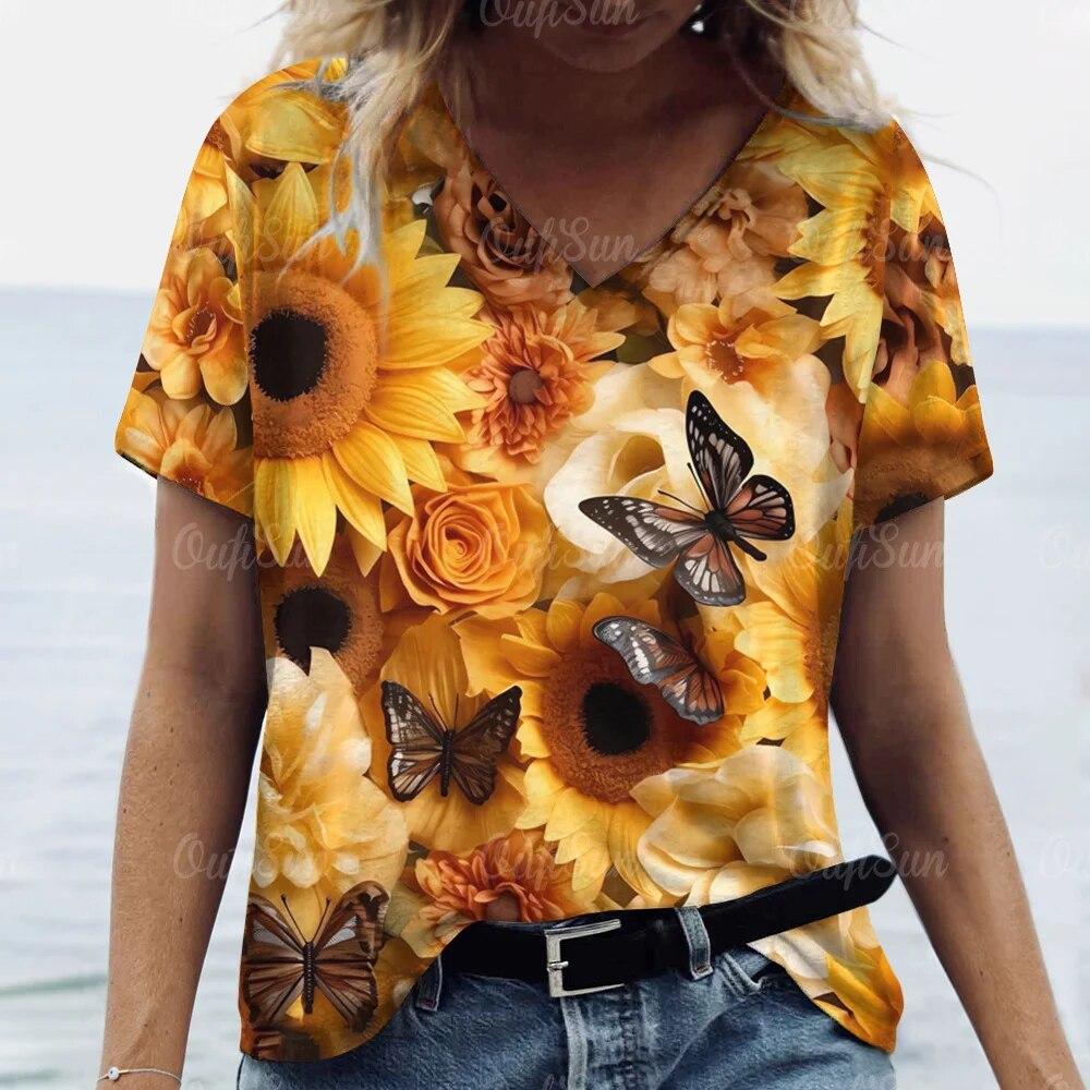 Топ женская футболка летняя мода с цветочным принтом бабочки футболки с короткими рукавами футболка с v-образным вырезом для женской одежды больших размеров