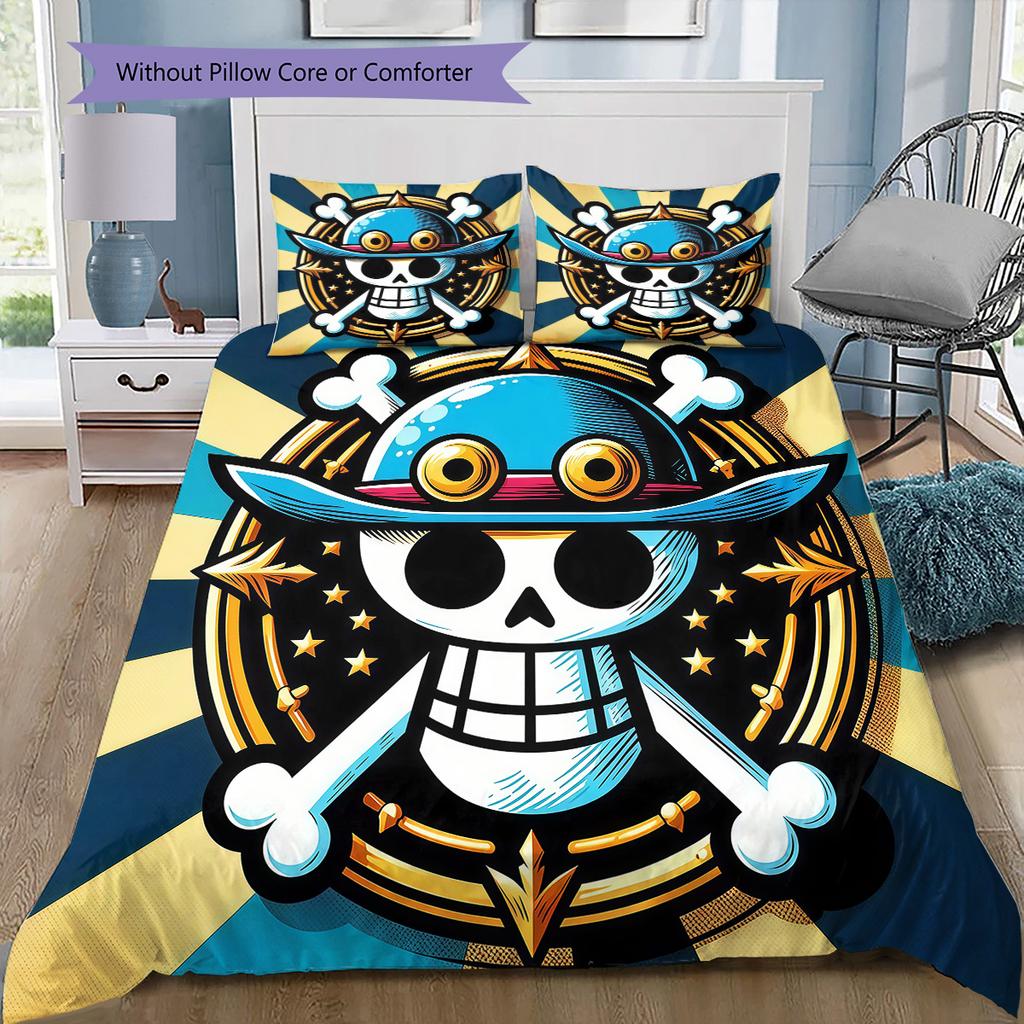 One Piece Straw Hat Pirates Pattern Bedding Quilt Set Quilt Cover Pillowcase Home Birthday Gift(1 * duvet cover + 2 * pillowcase, without core)