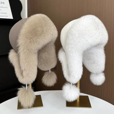 Женская шапка-ушанка из лисьего меха, защищающая уши, модная, роскошная шапка-бомбер из натурального лисьего меха, зимняя уличная шапка из мягкой овчины для девочек