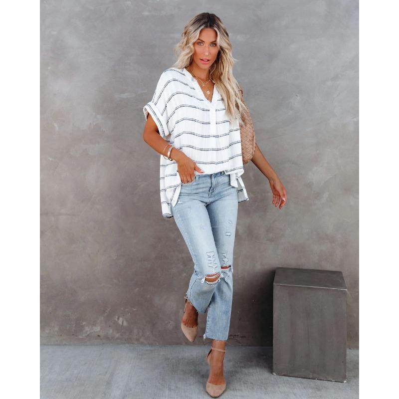 YYFS Women's Fashion Casual Summer Spring Solid Color Print Short Sleeve V-Neck Blouses & Shirts