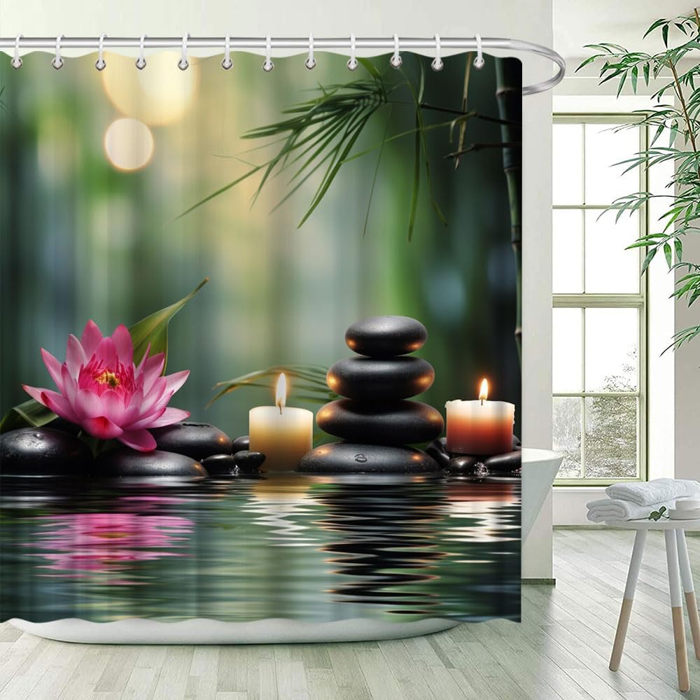 Шторка для душа Zen Stone Spa Цветок лотоса Массажные камни Тройняшки Травяное масло и ароматические свечи Зеленый бамбук Отражение воды Расслабляющий