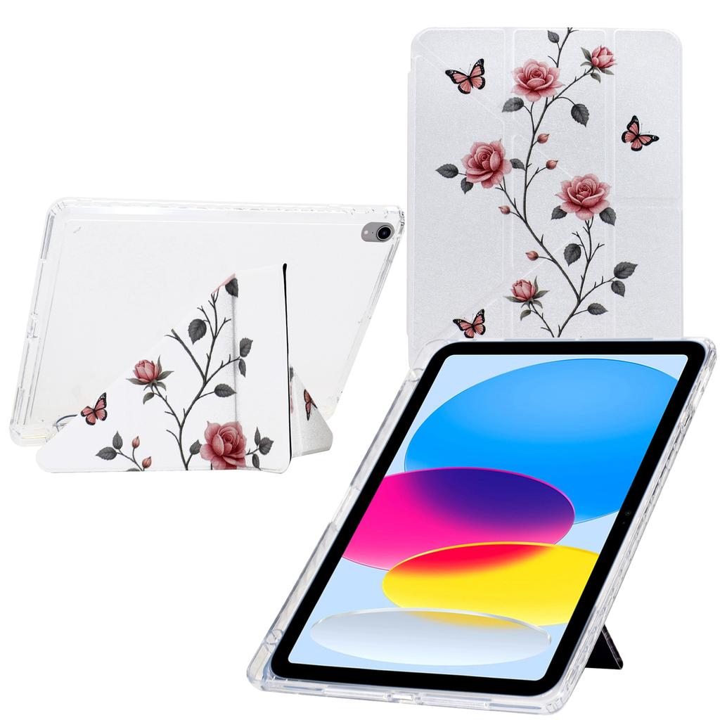 For iPad (2025)/10.9 (2022) Case Y-Fold Stand Pattern Print Leather+Clear Acrylic Tablet Cover with Pencil Holder