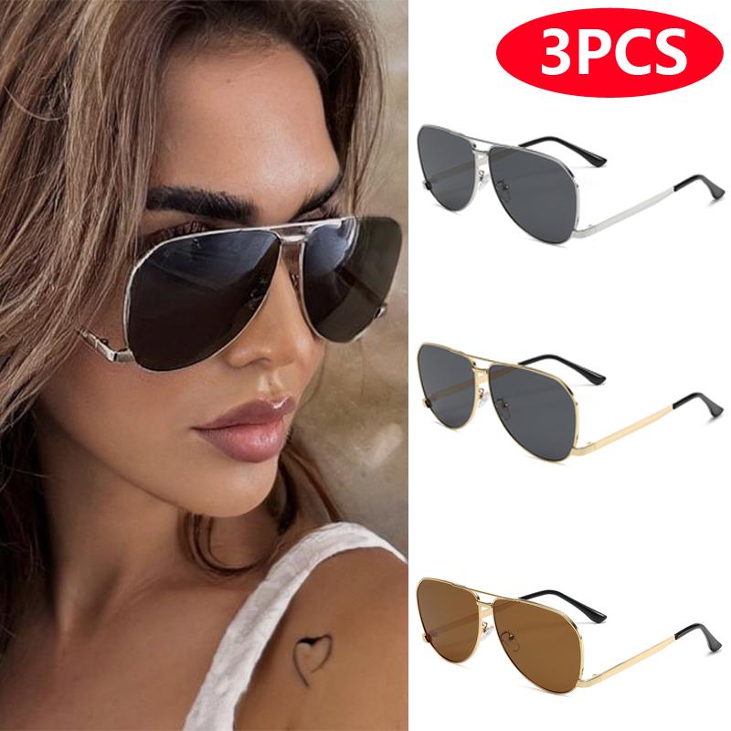 3pcs Retro Trend Oval Pilot Sunglasses Double Bridge Goggles Women Outdoor Metal Sun Glasses High Quality Classic UV400 Unisex