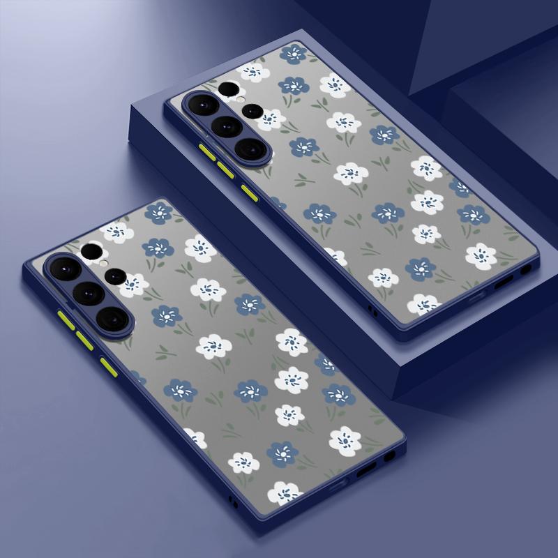 Акриловый жесткий синий цветочный узор матовый чехол для Samsung S25 Ultra S24 Fe S23 S22 A16 A15 A56 A55 A35 ударопрочный прозрачный защитный чехол для линз с мягкими краями