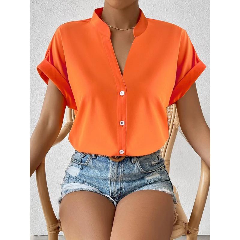 VEZFAA Женские модные повседневные летние весенние однотонные блузки и рубашки с короткими рукавами и воротником-стойкой с принтом