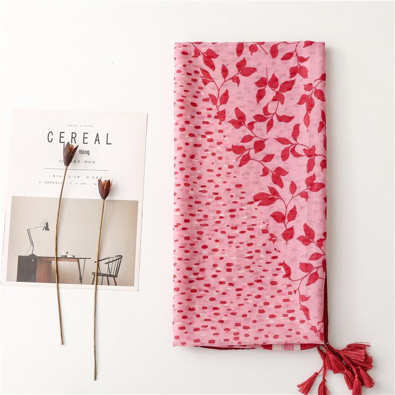 Fresh Cotton Linen Sun Protection Shawl: Red Flower Tassel Silk Scarf for Spring/Summer Travel