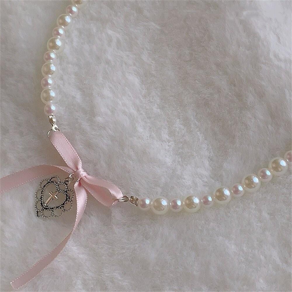 French Romantic Pink Love Bow Pendant Necklace with Pearl Necklace Designed by Female Minority Sweety Clavicle Choker Trendy