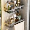 Grey Bathroom Shelf with Hooks Adhesive Aluminum Rectangle Lavatory Soap Storage Organizer Wall Rack for Kitchen Punching-free