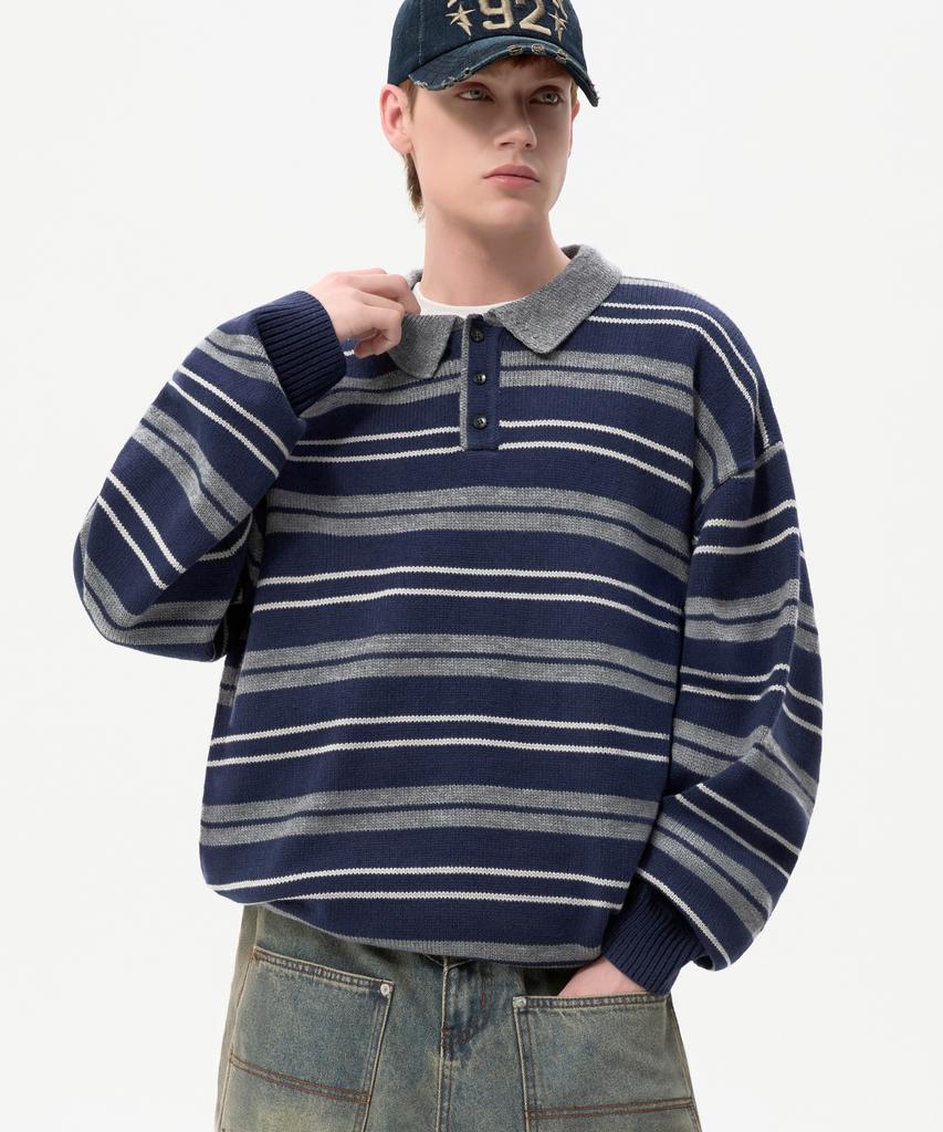 TRILLION Washable Striped Button Collar Neck Knit [Navy]