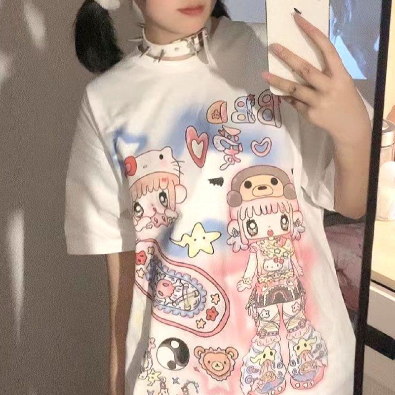 Y2k Harajuku Streetwear Футболки женские японская мода Kawaii Star Cartoon Print Loose Tees Tops Soft Gril Summer