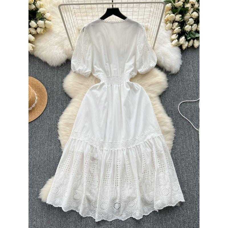 French Dress Female 2024 New Arrival Elegant V-neck Double-Breasted Silm Mid Length Long Length Age Reduction Puff Sleeves First Love Dress