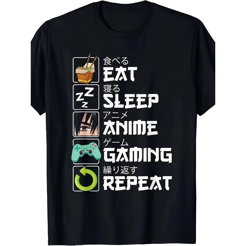 Men's "Eat, Sleep, Anime, Repeat" Graphic Tee - Short Sleeve, Crew Neck In Black with Colorful Icons - Casual Summer Wear