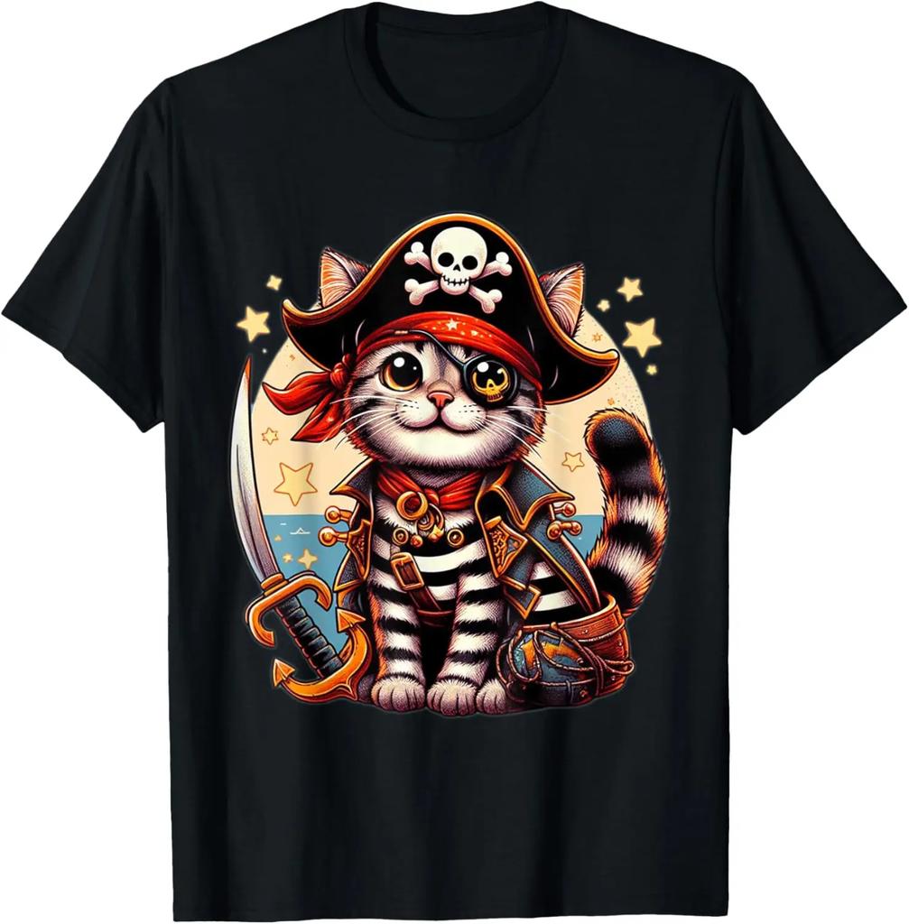 Pirate Cat Graphic Tee Kitten Skull Jolly Roger Lovers Short Sleeve TShirt